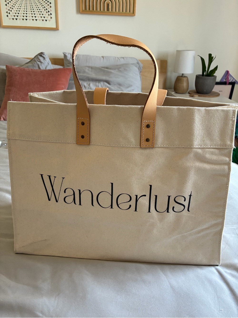 Wanderlust Cream Canvas Tote with Tan Handles